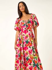 Roman Red Floral Print Pleated Puff Dress - Image 4 of 5