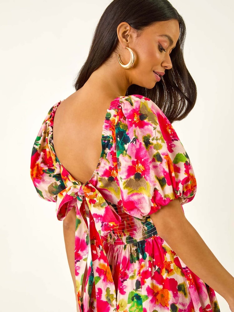 Roman Red Floral Print Pleated Puff Dress - Image 5 of 5