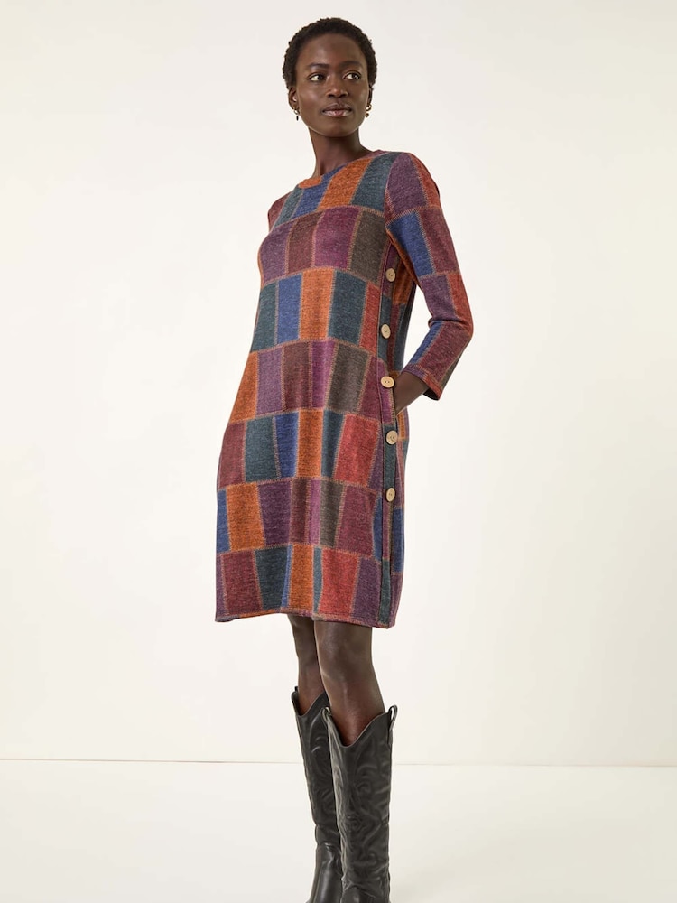 Roman Red Patchwork Button Swing Dress - Image 1 of 5