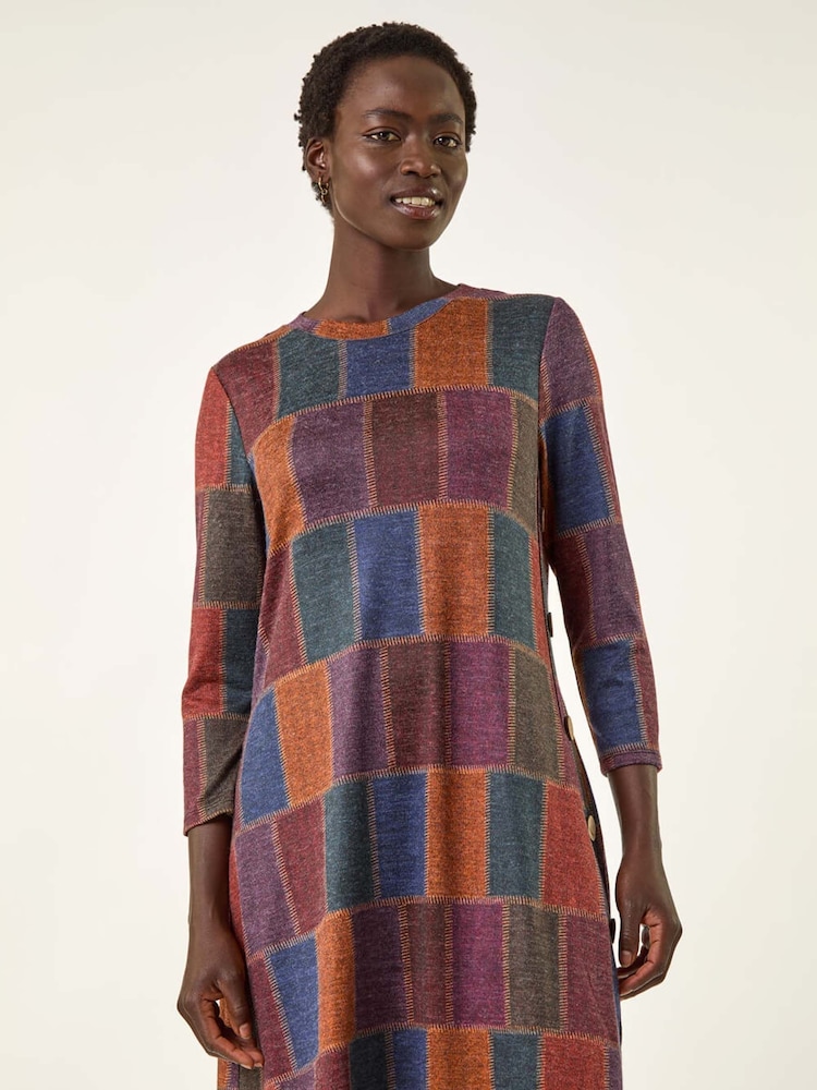 Roman Red Patchwork Button Swing Dress - Image 2 of 5