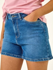 Roman Blue High Waisted Denim Stretch Shorts - Image 3 of 5