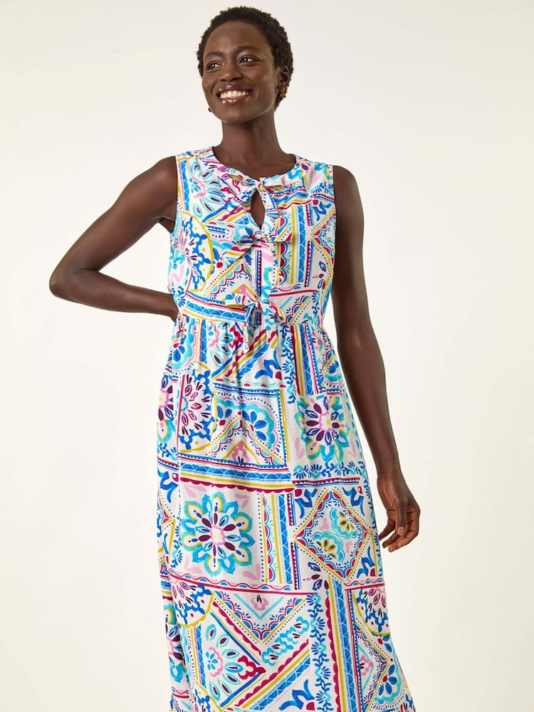 Vestido midi com estampa de gravata Roman Tie e laço frontal - Imagem 1 de 5