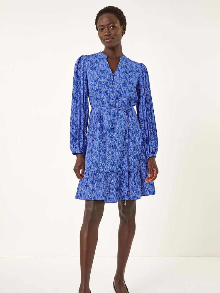 Roman Blue Dotted Tie Waist Dress - Image 2 of 5 Roman Blue Dotted Tie Waist Dress - Image 2 of 5