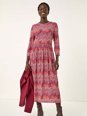 Roman Red Zig Zag Print Midi Dress - Image 2 of 5