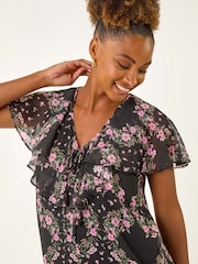 Roman Black Floral Print Frill Neck Blouse - Image 1 of 5