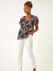 Roman Black Floral Print Frill Neck Blouse - Image 2 of 5