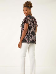 Roman Black Floral Print Frill Neck Blouse - Image 3 of 5