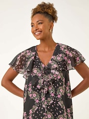 Roman Black Floral Print Frill Neck Blouse - Image 4 of 5