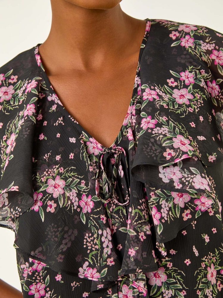 Roman Black Floral Print Frill Neck Blouse - Image 5 of 5
