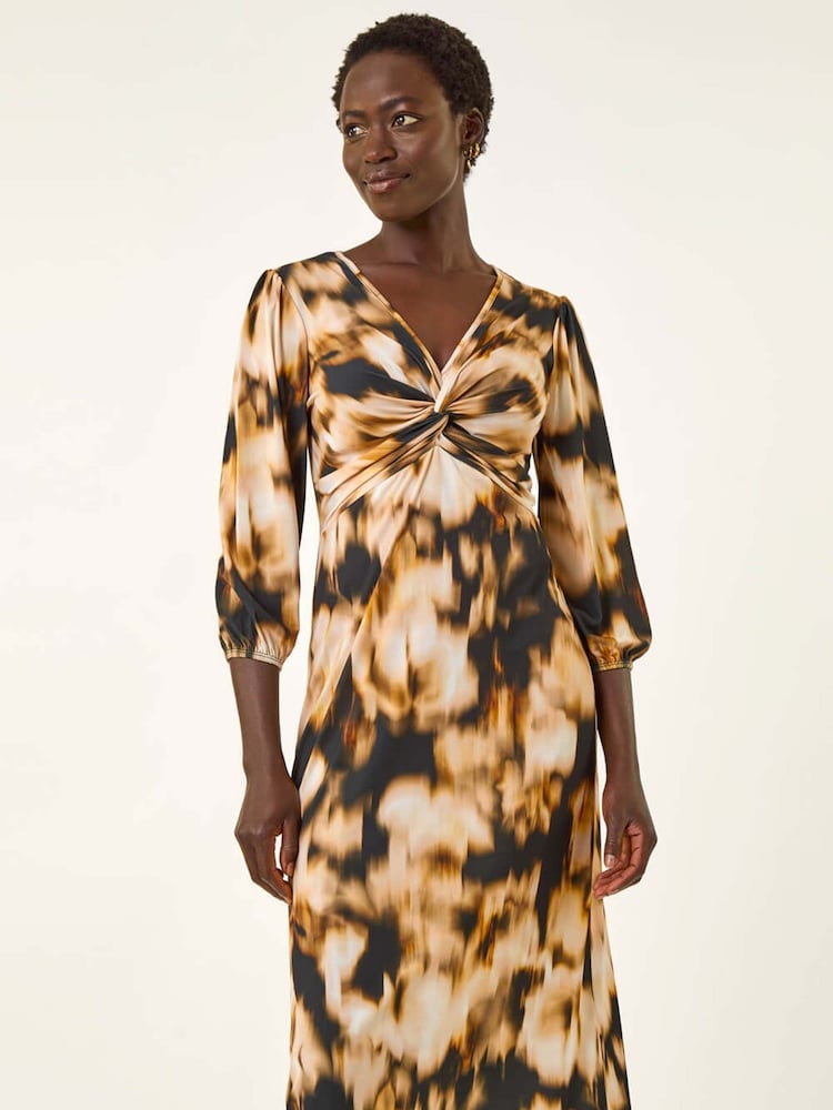 Roman Brown Abstract Twist Front Midi Dress - Image 1 of 5