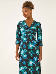 Azul - Roman floral  Print e frente torcida Midi Dress - Imagem 1 de 5