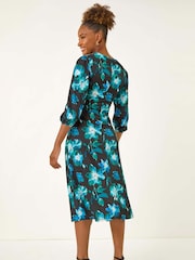 Azul - Roman floral  Print e frente torcida Midi Dress - Imagem 2 de 5