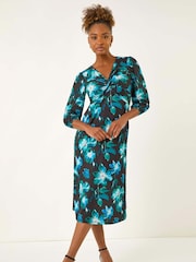 Azul - Roman floral  Print e frente torcida Midi Dress - Imagem 3 de 5