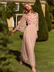 Love & Roses Blush Floral Embroidered Flute Sleeve Bridesmaid Maxi Dress - Image 1 of 4