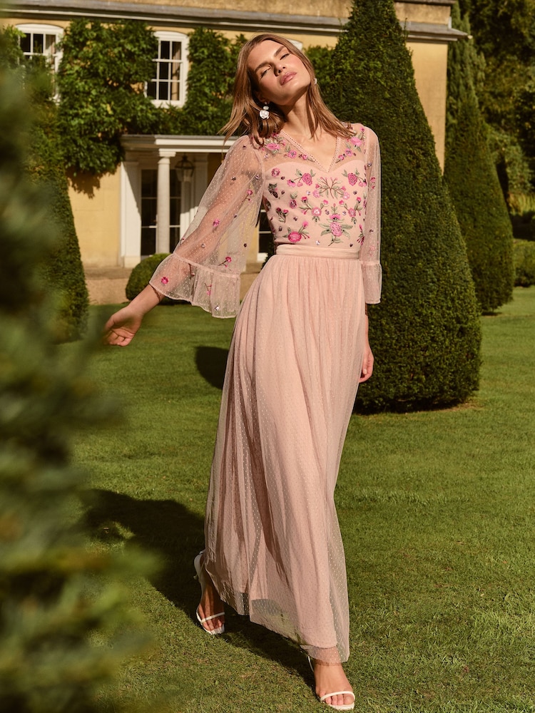 Love & Roses Blush Floral Embroidered Flute Sleeve Bridesmaid Maxi Dress - Image 1 of 4