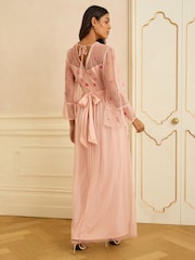 Love & Roses Blush Floral Embroidered Flute Sleeve Bridesmaid Maxi Dress - Image 3 of 4