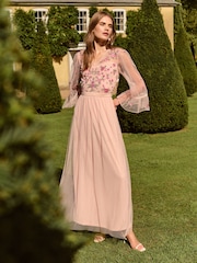 Love & Roses Blush Floral Embroidered Flute Sleeve Bridesmaid Maxi Dress - Image 4 of 4