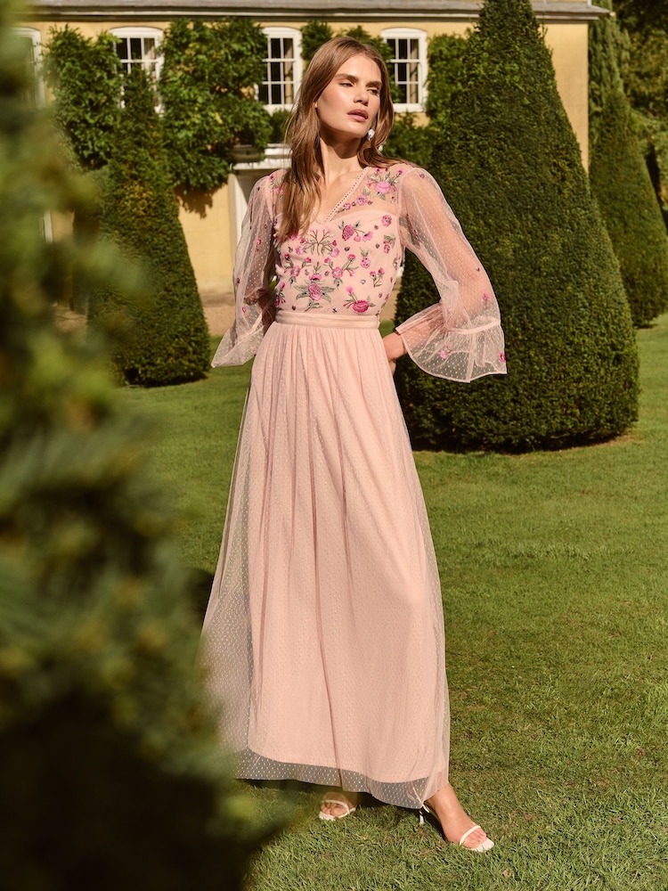 Love & Roses Blush Floral Embroidered Flute Sleeve Bridesmaid Maxi Dress - Image 4 of 4