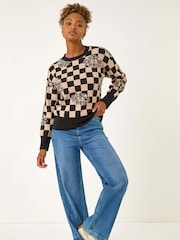 Roman Black Checkered Pearl Embellished Knit Jumper - Image 2 of 5