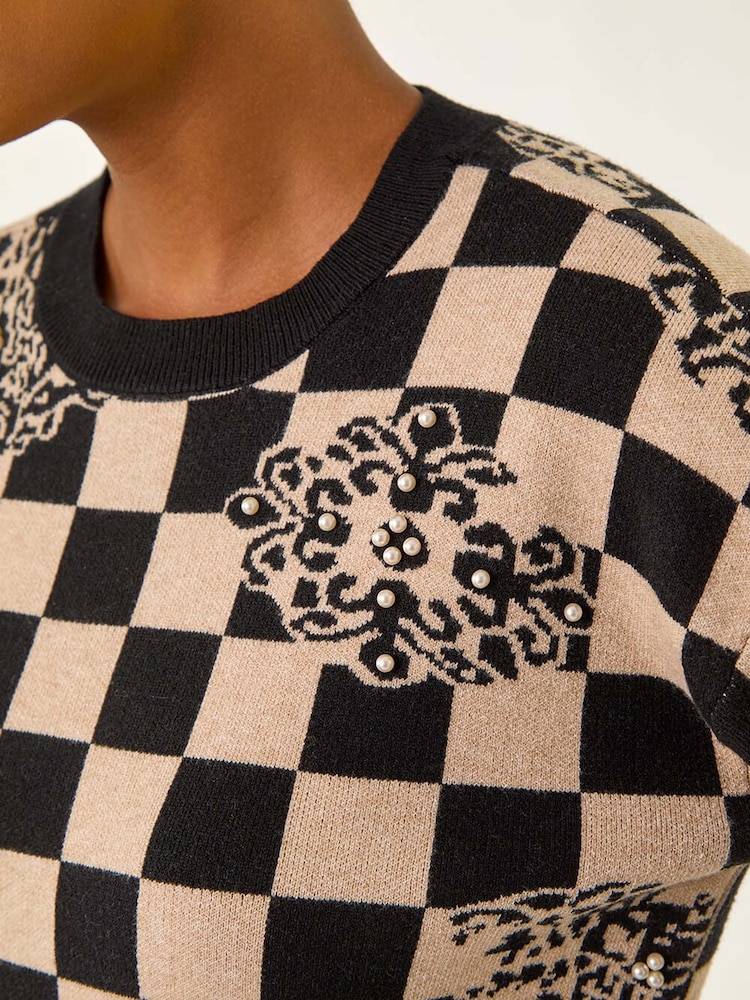 Roman Black Checkered Pearl Embellished Knit Jumper - Image 5 of 5