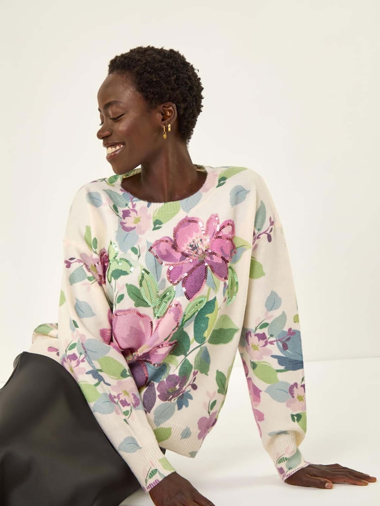 Roman White Floral Print Sequin Knit Jumper - Image 1 of 5