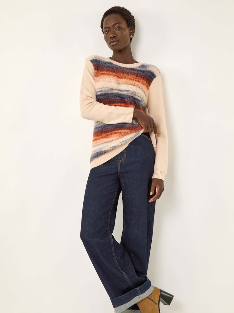 Roman White Fluffy Stripe Knit Jumper - Image 1 of 5 Roman White Fluffy Stripe Knit Jumper - Image 1 of 5