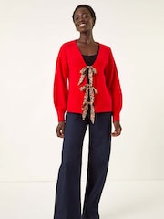 Roman Red Animal Print Tie Front Knit Cardigan - Image 1 of 5