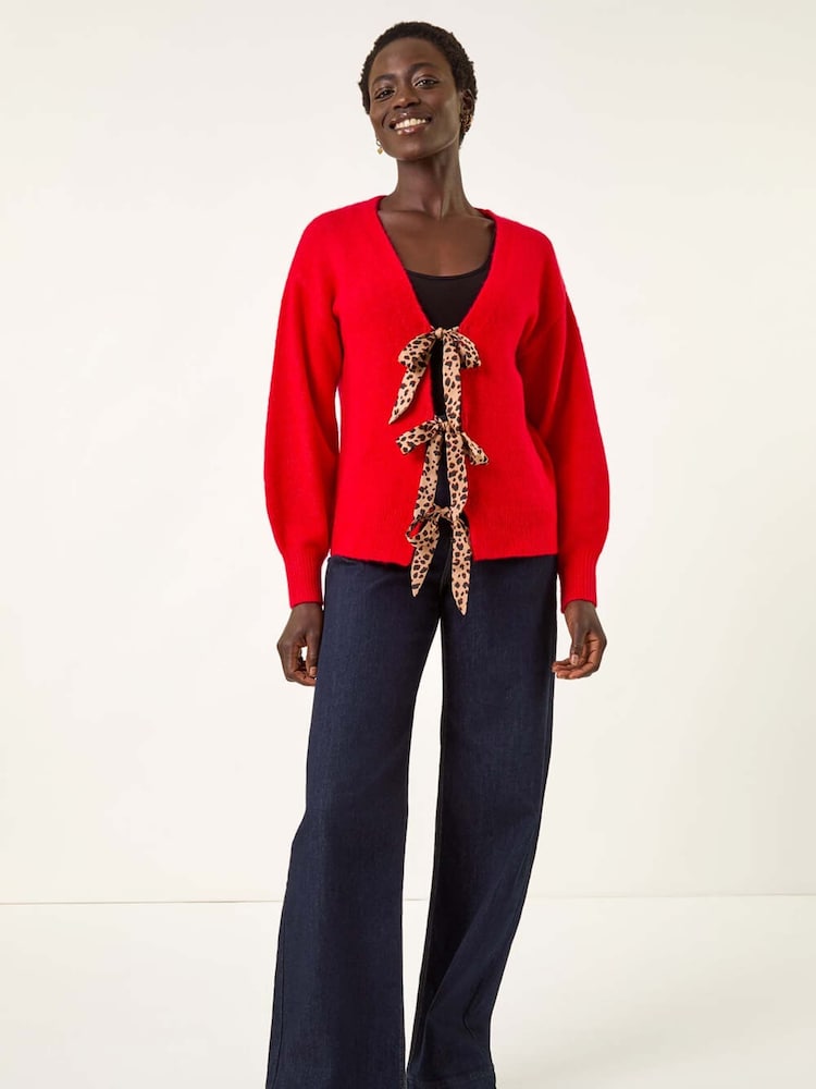 Roman Red Animal Print Tie Front Knit Cardigan - Image 1 of 5