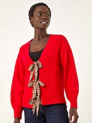 Roman Red Animal Print Tie Front Knit Cardigan - Image 2 of 5