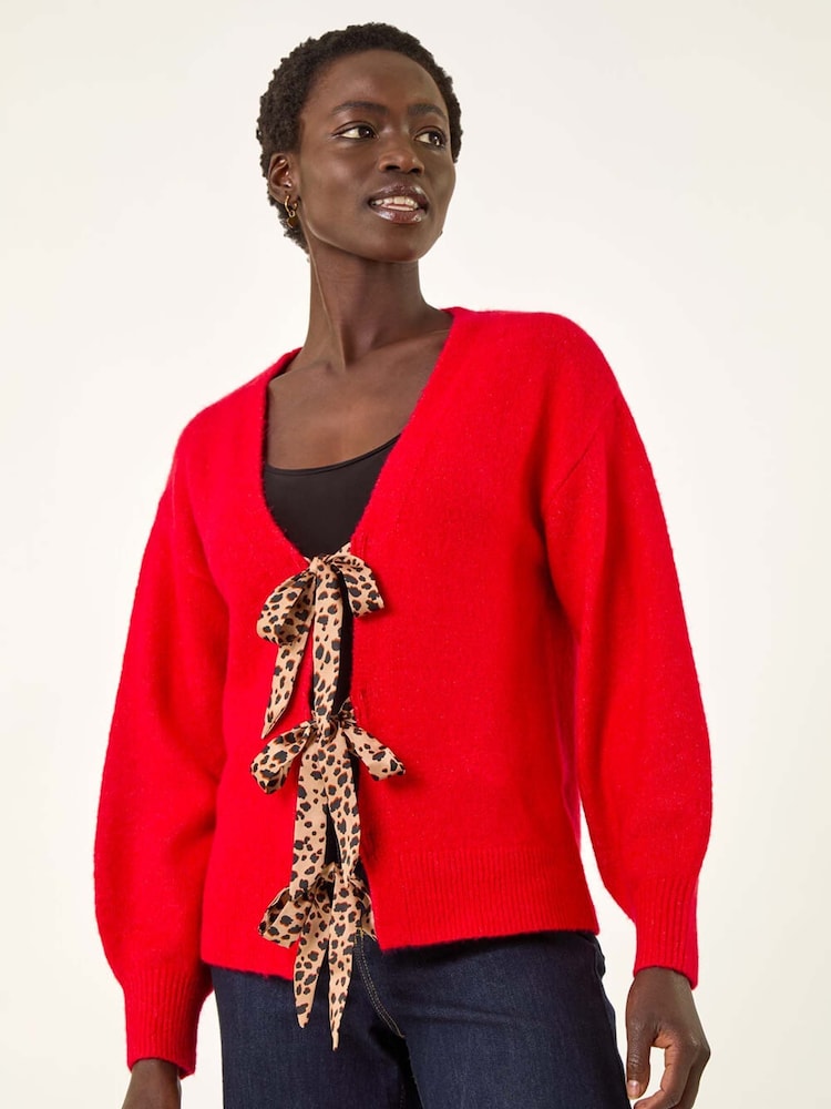 Roman Red Animal Print Tie Front Knit Cardigan - Image 2 of 5
