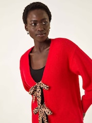Roman Red Animal Print Tie Front Knit Cardigan - Image 4 of 5