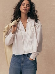 White Tie-Neck Pintuck Long Sleeve Blouse - Image 1 of 9