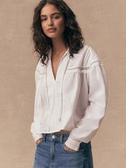 White Tie-Neck Pintuck Long Sleeve Blouse - Image 3 of 9