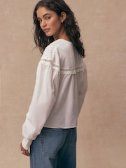 White Tie-Neck Pintuck Long Sleeve Blouse - Image 5 of 9