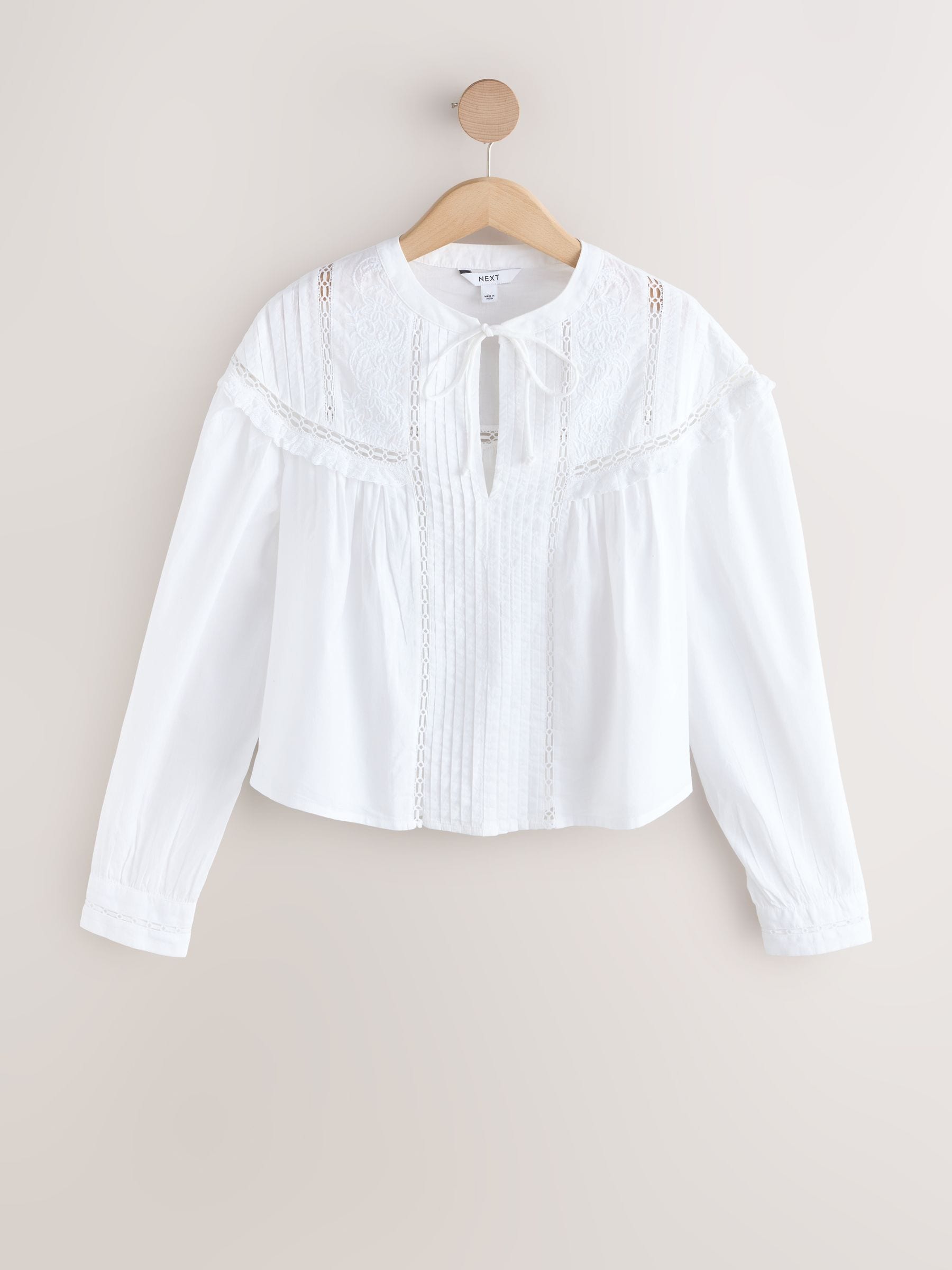 Buy White Tie-Neck Pintuck Long Sleeve Blouse from the Next UK