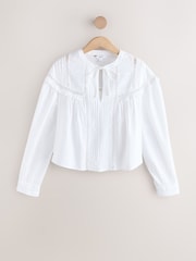 White Tie-Neck Pintuck Long Sleeve Blouse - Image 7 of 9
