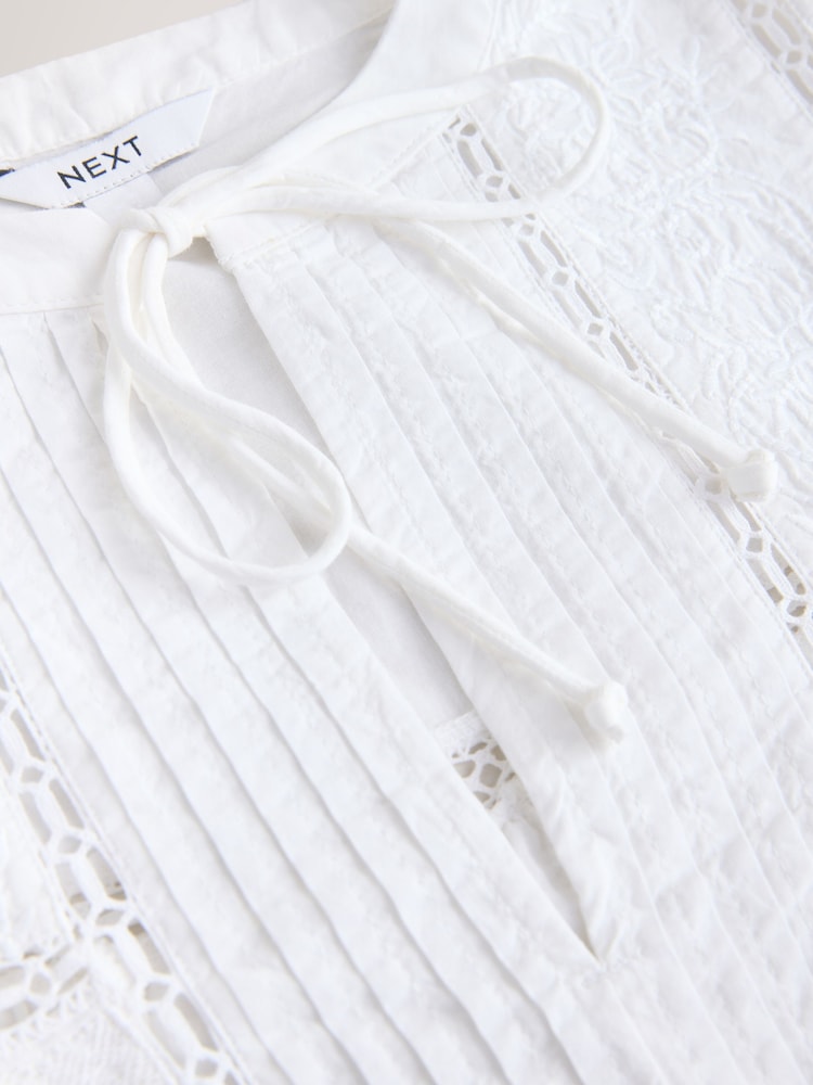 White Tie-Neck Pintuck Long Sleeve Blouse - Image 9 of 9
