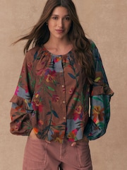 Patchwork Floral Print Volume Sleeve Button Front Blouse - Image 1 of 7
