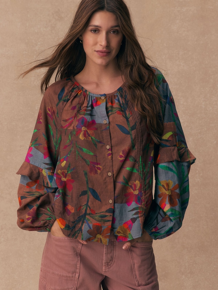 Patchwork Floral Print Volume Sleeve Button Front Blouse - Image 1 of 7
