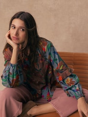 Patchwork Floral Print Volume Sleeve Button Front Blouse - Image 2 of 7