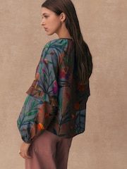 Patchwork Floral Print Volume Sleeve Button Front Blouse - Image 3 of 7