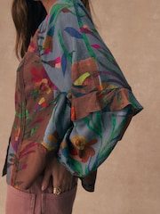 Patchwork Floral Print Volume Sleeve Button Front Blouse - Image 4 of 7