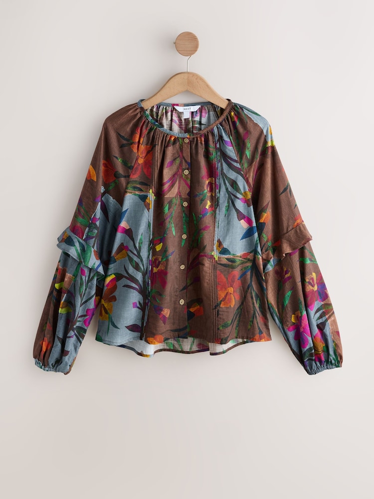 Patchwork Floral Print Volume Sleeve Button Front Blouse - Image 7 of 7