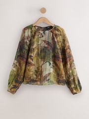 Green Floral Print Volume Long Sleeve Blouse - Image 1 of 3