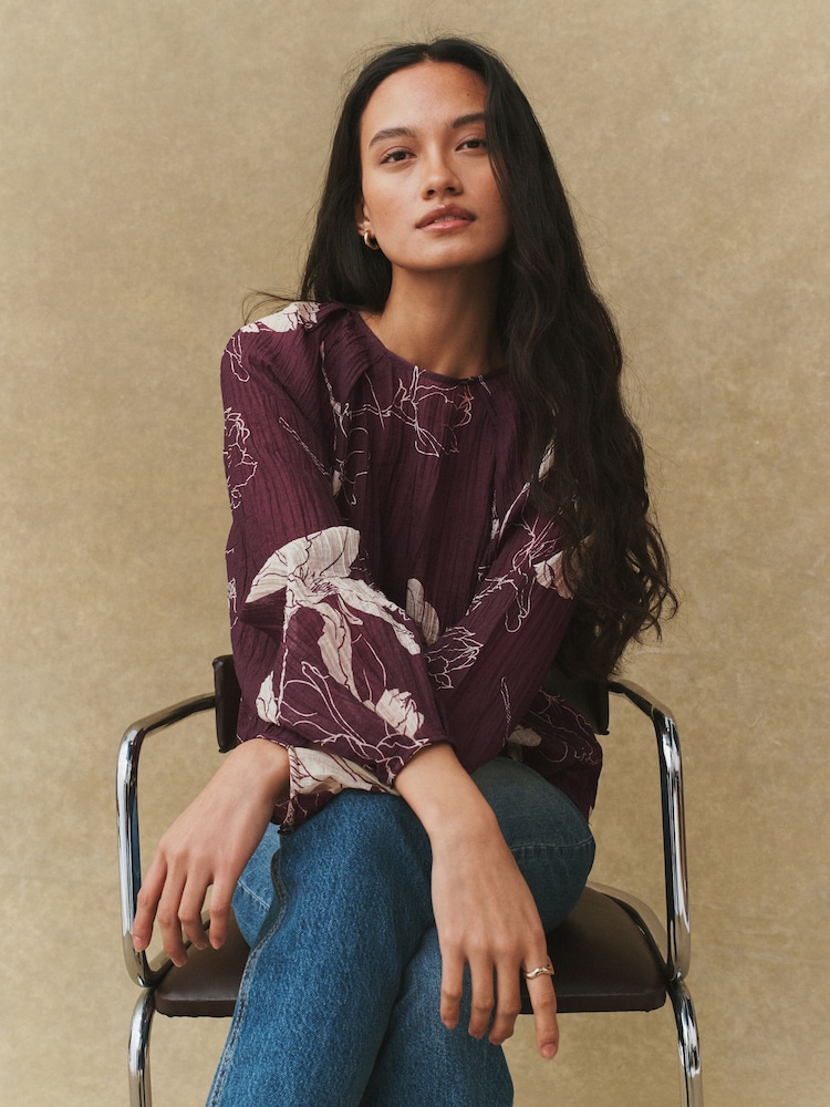 Purple Floral Print Volume Long Sleeve Blouse - Image 1 of 7