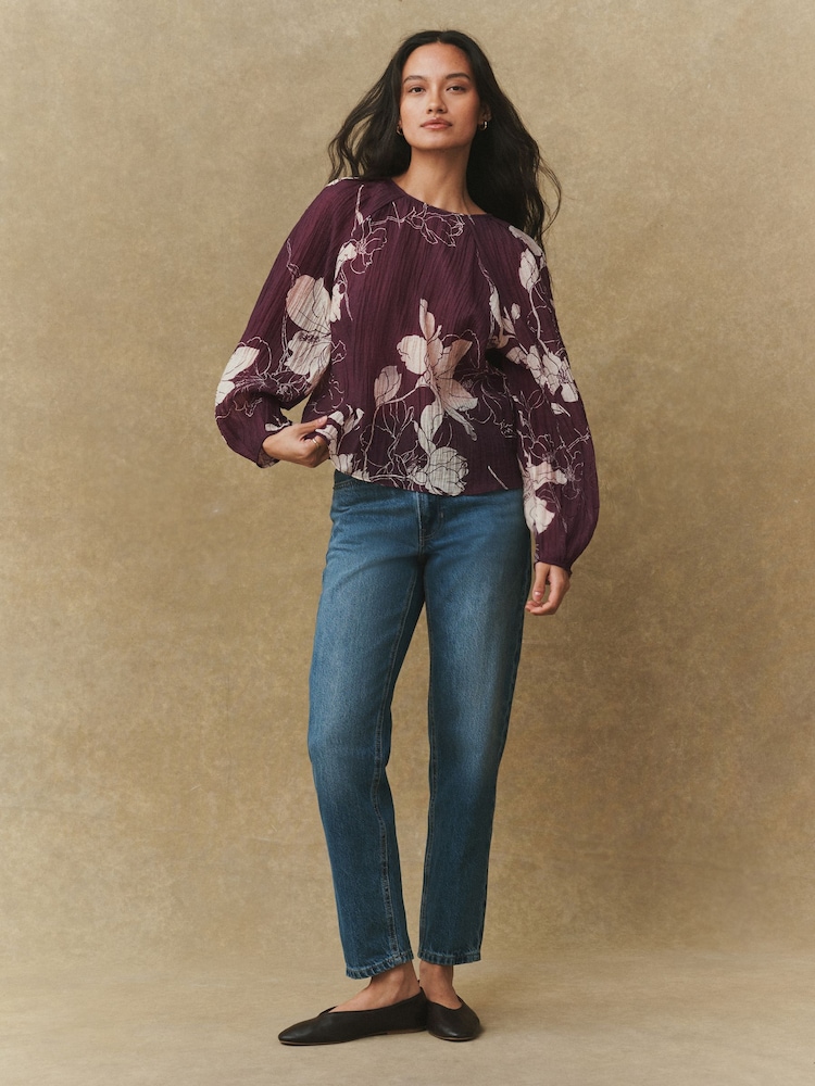 Purple Floral Print Volume Long Sleeve Blouse - Image 2 of 7