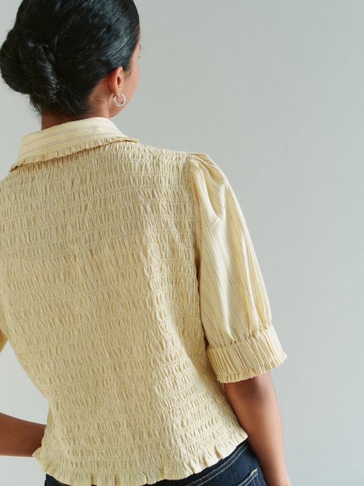 Yellow Stripe Smocked Collared Short Sleeve Top - Image 2 of 7