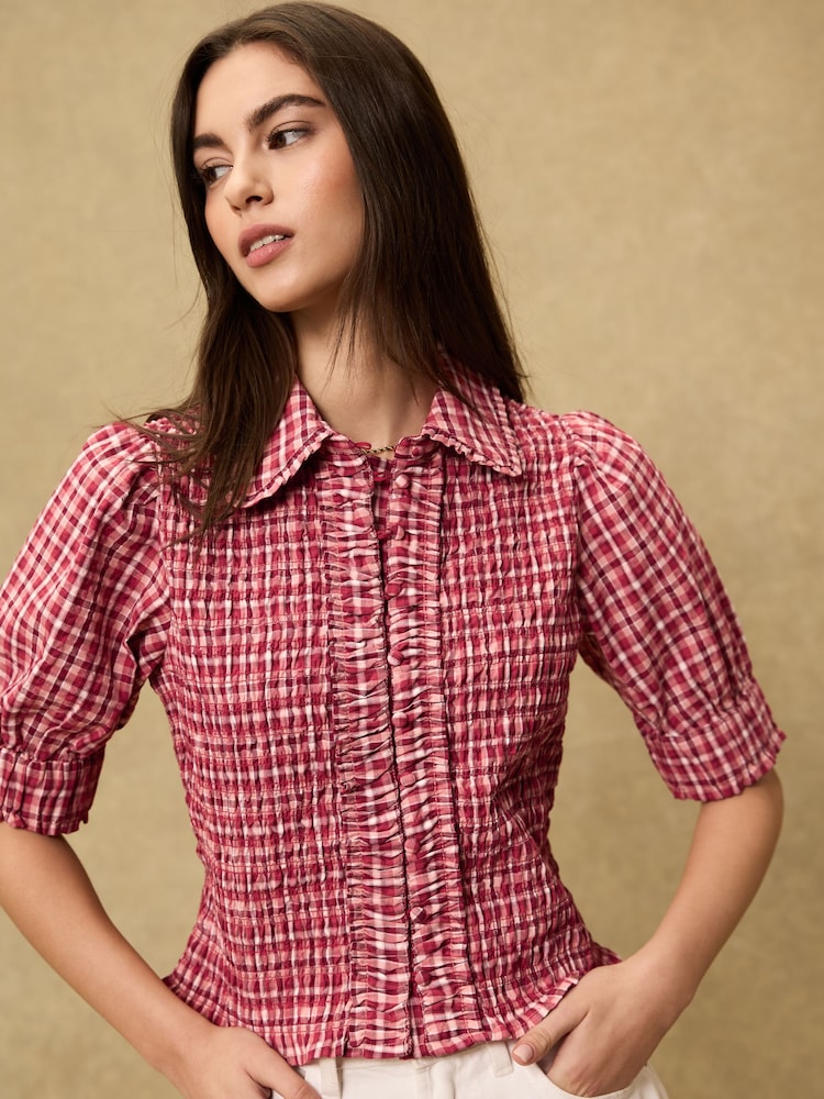 Red Gingham Smocked Collared Short Sleeve Top - Image 1 of 7