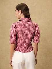 Red Gingham Smocked Collared Short Sleeve Top - Image 3 of 7