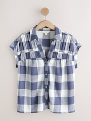 أزرق ومزين بمربعات - قميص بكم قصير يحتوي على الكتان - صورة 6 من 8